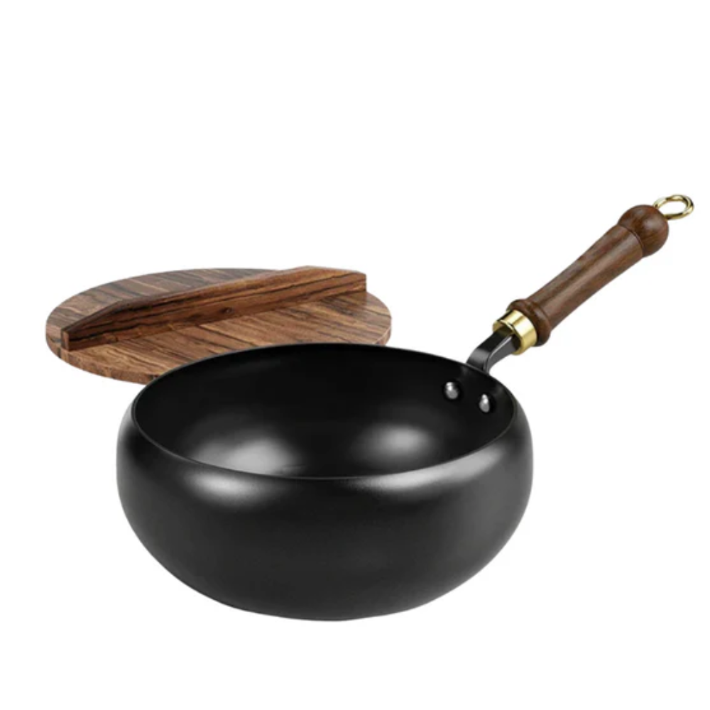 Poêle Wok – Poignée Bois – Couvercle Verre