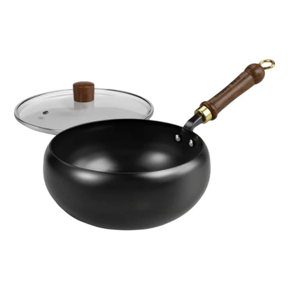 Poêle Wok – Poignée Bois – Couvercle Verre