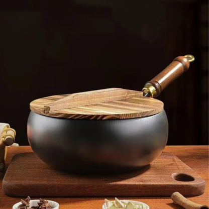 Poêle Wok – Poignée Bois – Couvercle Verre