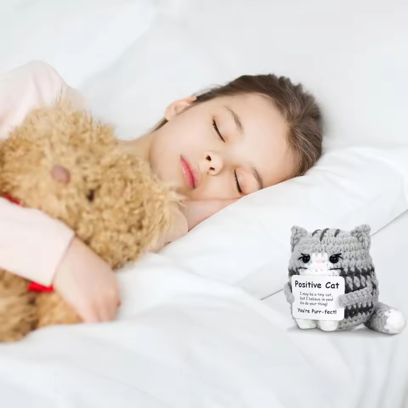 KnittyCat chat porte-bonheur fait main avec message positif