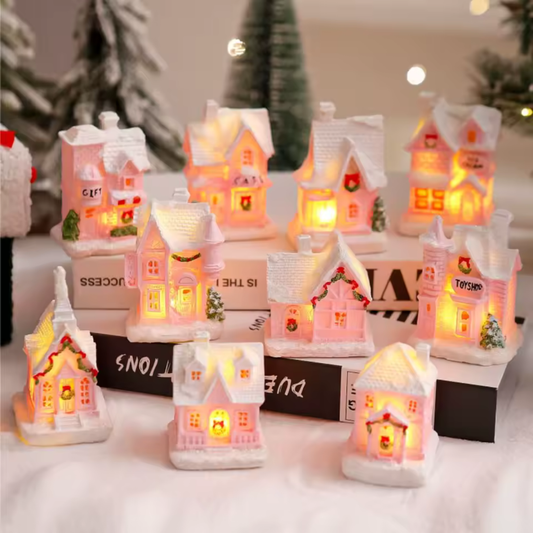 Village de Noël rose | Petite maison LED rose avec lumière chaude