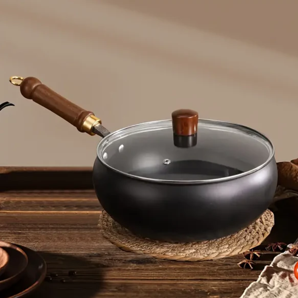 Poêle Wok – Poignée Bois – Couvercle Verre