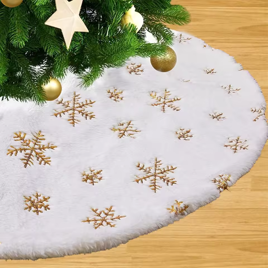 Tapis de sapin de Noël 38 cm | Jupe en fausse fourrure blanche avec motif flocons