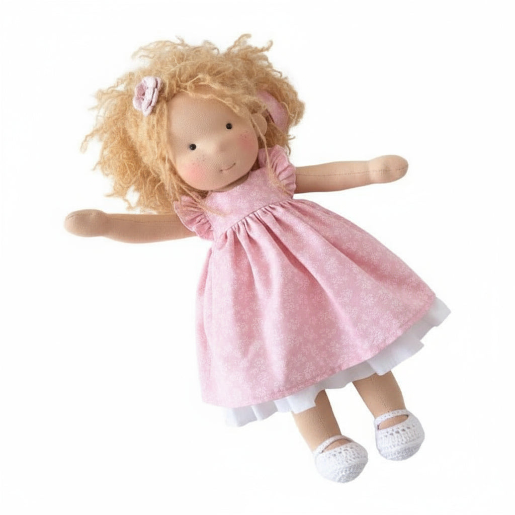 Poupée Tissu Enfant – Cheveux Bouclés –Robe