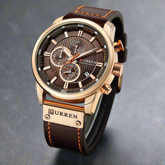 Montre homme élégante | Bracelet en cuir marron & mécanisme quartz précis
